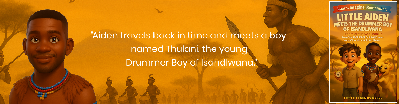 Aiden meets the Drummer Boy of Isandlwana An image of an older Drummer Boy of Isandlwana with Zulu warriors in the background